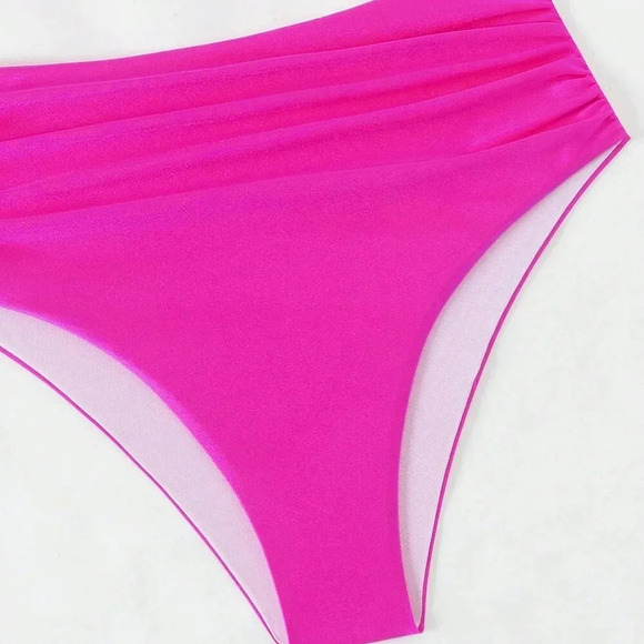 Hot Pink Elegant Women's Beach One Shoulder Sleeveless Bikini Set - Picture 5 of 7